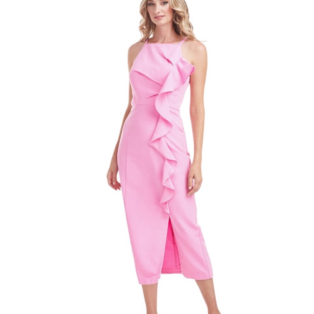 NWT KAY UNGER NELLIE RUFFLE DRESS Size 8 Pink Slit Lined